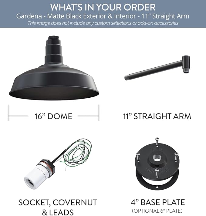 Steel Lighting Co. Gardena Barn Light | Outdoor Wall Mounted | 16 Dome | 11 Straight Arm | Farmhouse Light Made in America | Matte Black Exterior/Matte Black Interior