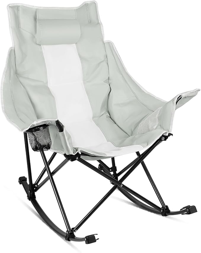 VITESSE Oversized Rocking Camping Chair Luxury Padded ReclinerOversized Folding Lawn Chair with Pocket and Carry BagOutdoor Camp Rocker Chairs for Adults Heavy Duty 300 LBS (Grey)
