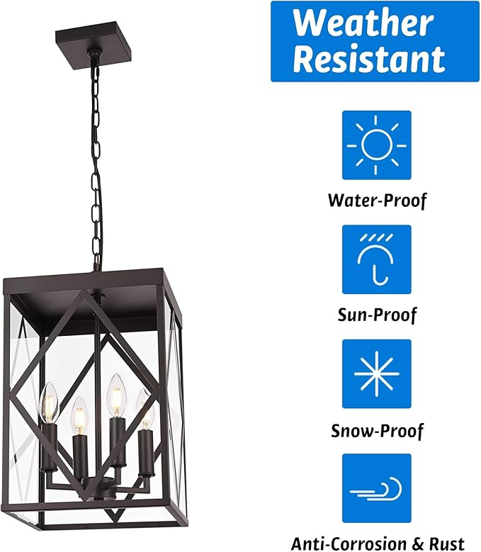 11 Outdoor Pendant Light Exterior Hanging Lantern Farmhouse Oil Rubbed Brozne Outside Chandelier Light Fixture Ceiling Mount Hanging Porch Light with Clear Glass for Front Porch Entrance