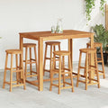 Set of 6 Solid Acacia Wood Bar Stools with Standard Footrest Rustic Indoor Outdoor Seating for High Table Durable Oil Finish Comfortable Square Design
