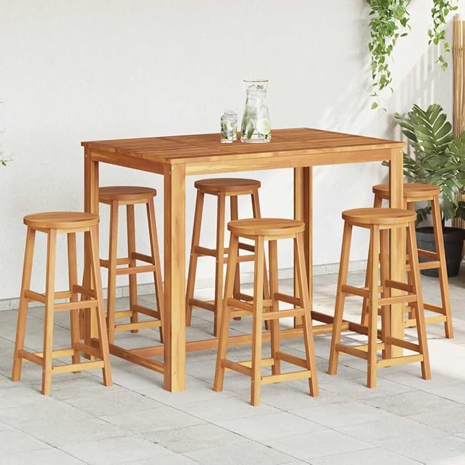 Set of 6 Solid Acacia Wood Bar Stools with Standard Footrest Rustic Indoor Outdoor Seating for High Table Durable Oil Finish Comfortable Square Design