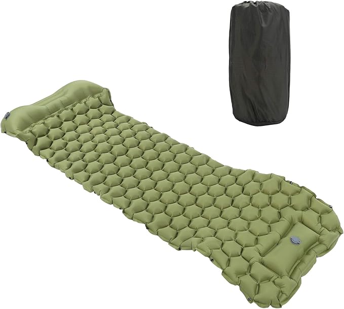 Camping Sleeping Pad with Foot Press Inflation &amp 3D Support - Lightweight Air Mattress (700g) for Backpacking 40D Nylon TPU Compact for Travel
