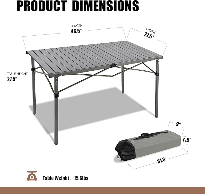 Portable Outdoor Camping Table Oversize Aluminum Roll Up Lightweight Folding Table for Picnic Barbecue Beach Tailgating Party Backyard Indoor and Outdoor Stable and Durable
