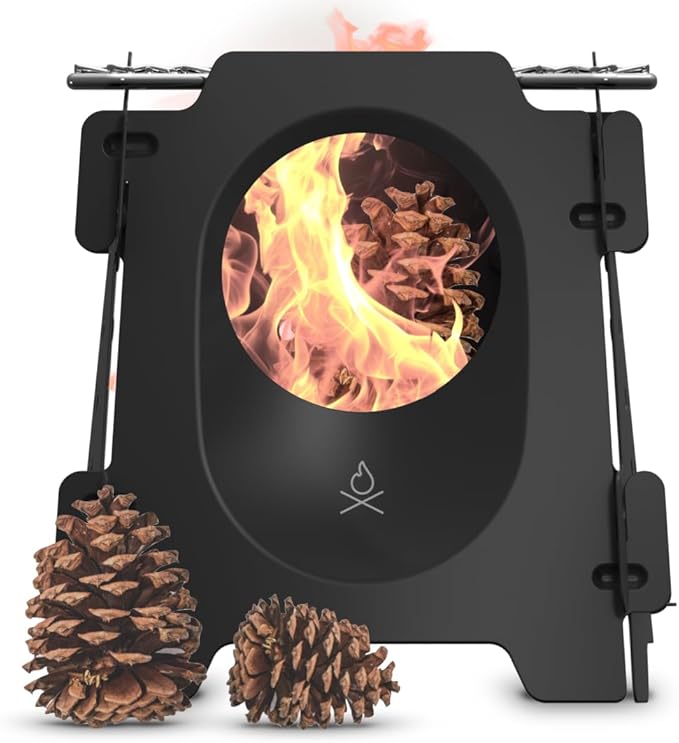 Überleben | Stöker Wood Burning Camping Stove – 18oz Flatpack Stainless Steel Wood Stove for Backpacking Hiking &amp Outdoor Cooking – Portable Folding Camping Essentials (Carbon Black)
