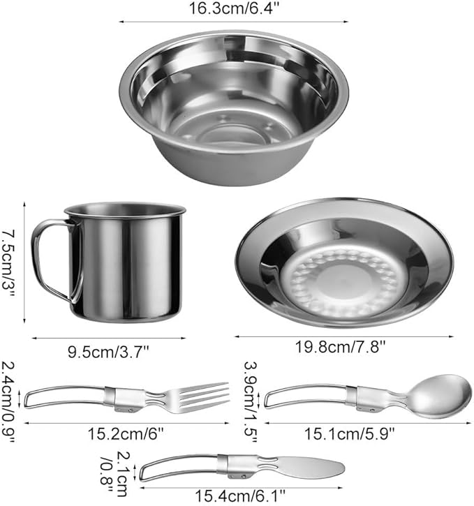 2PCS Camping Mess Kits Stainless Steel Camping Dishes Including Cups Bowls Plates Knives Forks Spoons for 2 Persons Backpacking Hiking Picnic