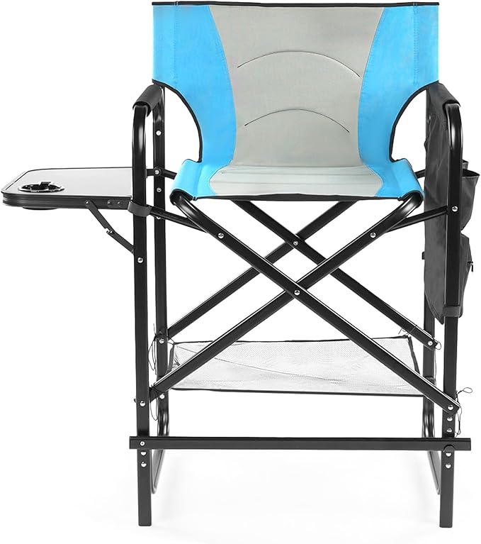 Tall Camping Directors Chair 26 Portable Folding Artist Makeup Chair with Side Table Pocket Footrest Concert Outdoor Foldable Camp Lawn Chairs (Blue)