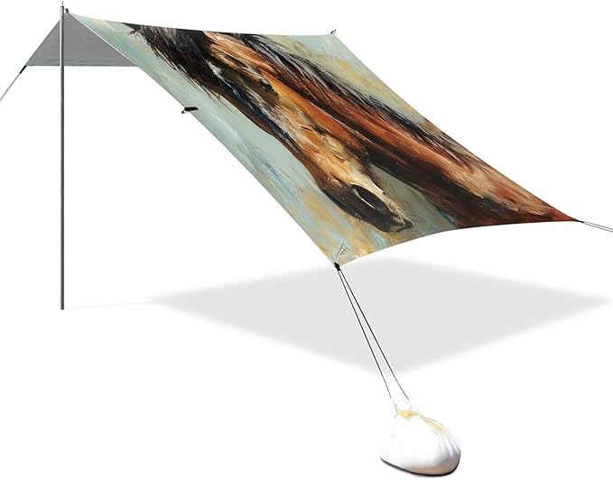 Oil Painting Horse Beach Tent Sun Shelter 9.2' x 10.5' Beach Canopy with 4 Sandbags 4 Stability Poles Sand Shovels - Tent Canopy for Beach Camping Fishing Picnics
