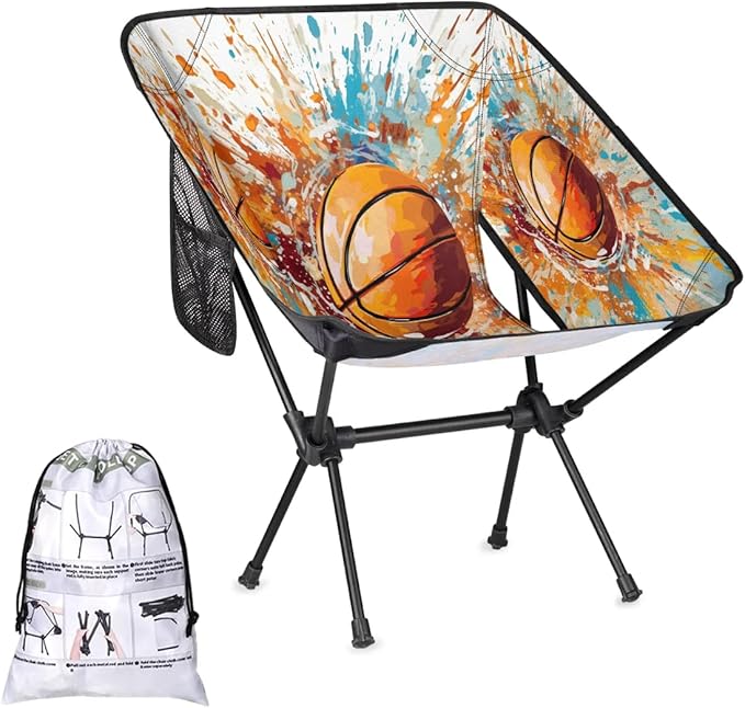 Basketball Colorful Camping Chairs for Adults Ultralight Folding Chairs Outside Portable Camp Backpacking Chair with Side Pocket Storage Bag Compact Beach Chairs for Hiking Fishing