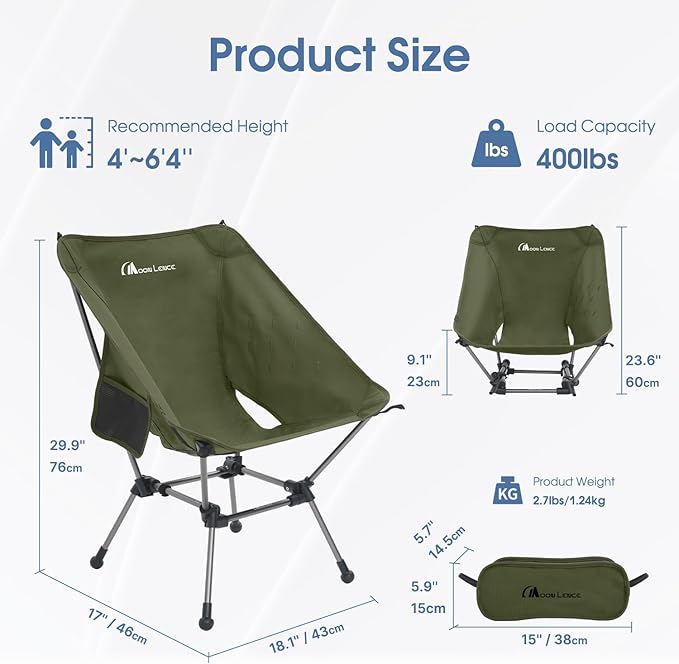MOON LENCE Portable Camping Chair Plus Larger &amp Roomier Compact and Lightweight Still Folding Chair for Backpacking &amp Hiking 330Lbs Capacity (Moss Green-2pack)