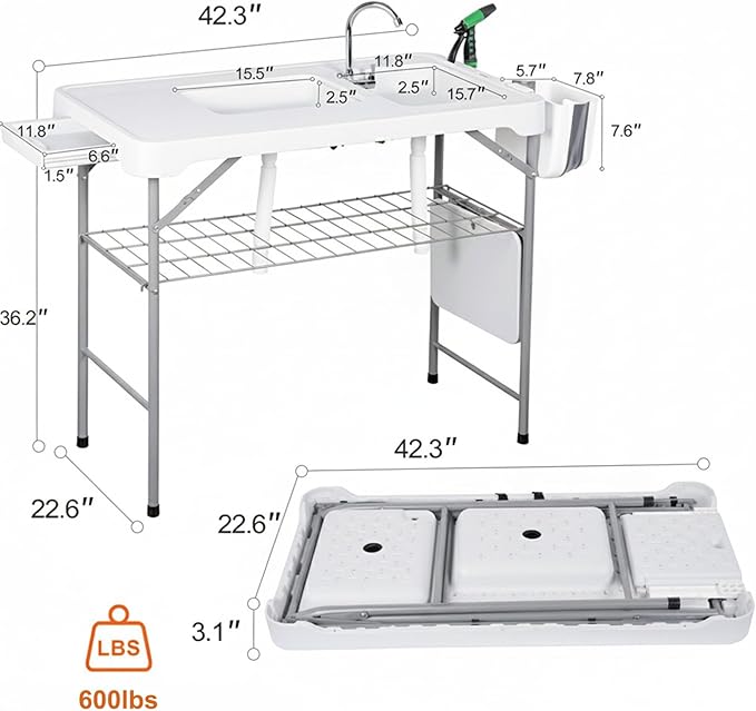 Folding Fish Cleaning Table Portable Camping Double Sinks Table with 2 Dual Water Basins Faucet Drainage Hose Sprayer Outdoor Fish Fillet Cleaning Station with Storage Box