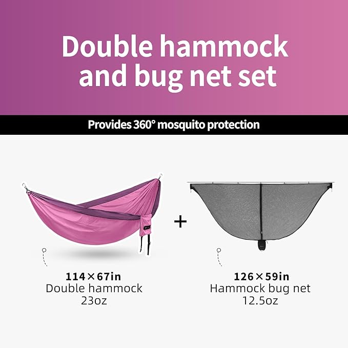 Hammock Anti-Mosquito System - Includes Double Hammock and Bug Net - Set of Essentials for Camping Hiking (Pink Hammock + Bug net)