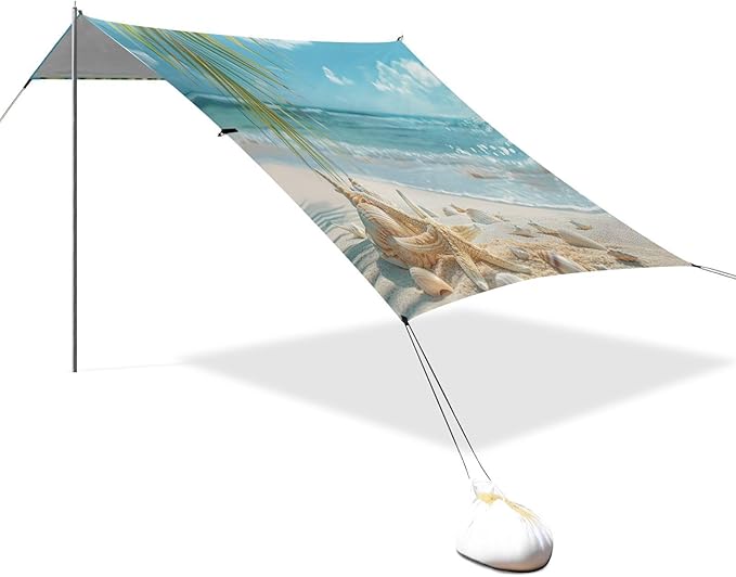 Sunny Beach Scene Beach Tent Sun Shelter 9.2' x 10.5' Beach Canopy with 4 Sandbags 4 Stability Poles Sand Shovels - Tent Canopy for Beach Camping Fishing Picnics