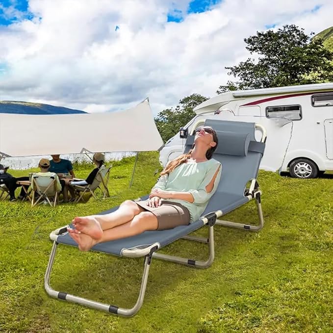 Leo IRis Portable Folding Camping Cot Oversize Adjustable 5-Position Adults Reclining Lounge Chairs with Pillow Heavy Duty Oxford Cloth 600D with Mattress (Gray - Simple Bed (No Mat))
