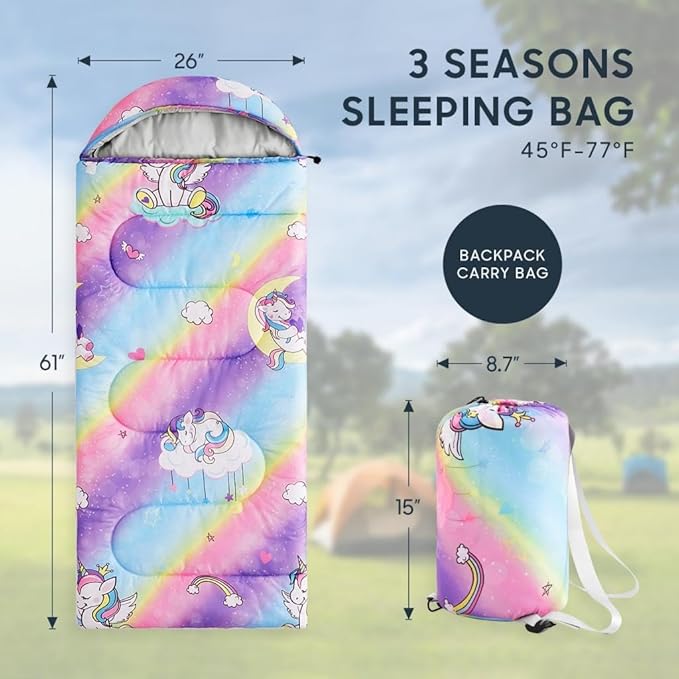 Wake In Cloud - Kids Sleeping Bag for Girls Toddlers Camping in Warm Cold Weather Backpacking Lightweight Compact Outdoor Liner for 3 Seasons Unicorns Rainbow Hearts