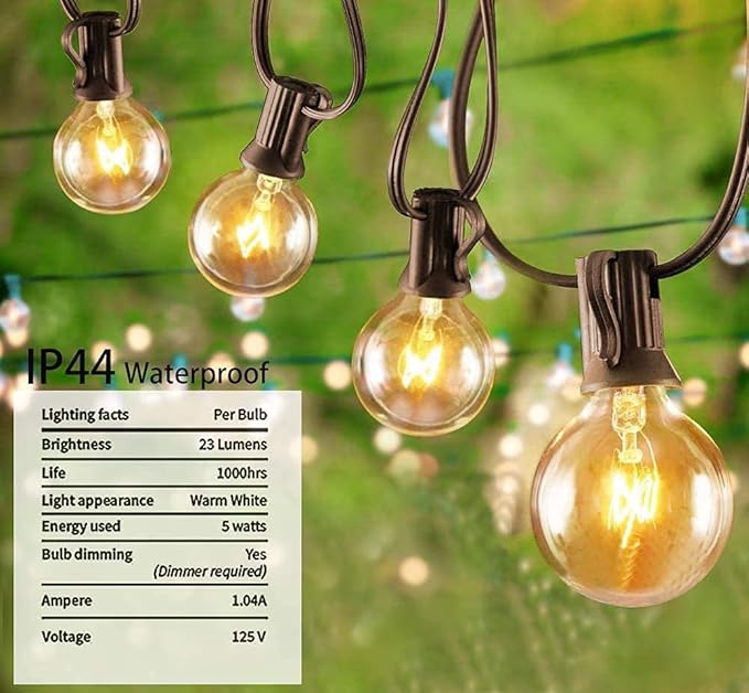 Abeja 25Ft Outdoor Patio String Lights with 27 Clear G40 Bulbs UL Listed for Porch Bars Deck Wedding Party Markets Decor 5W E12 Socket Base Brown