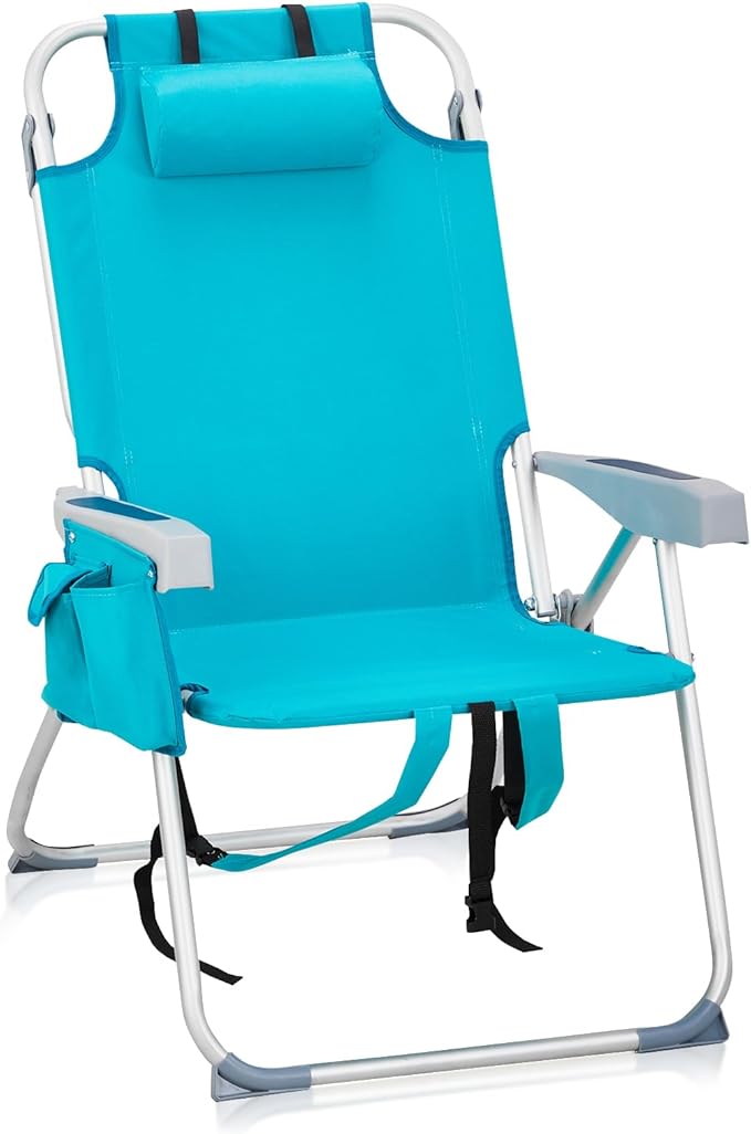 Backpack Beach Chairs Low 5 Position Beach Chair with Pouch Straps Folding Lightweight Reclining Aluminum Lay Flat Single (Mint Green High)