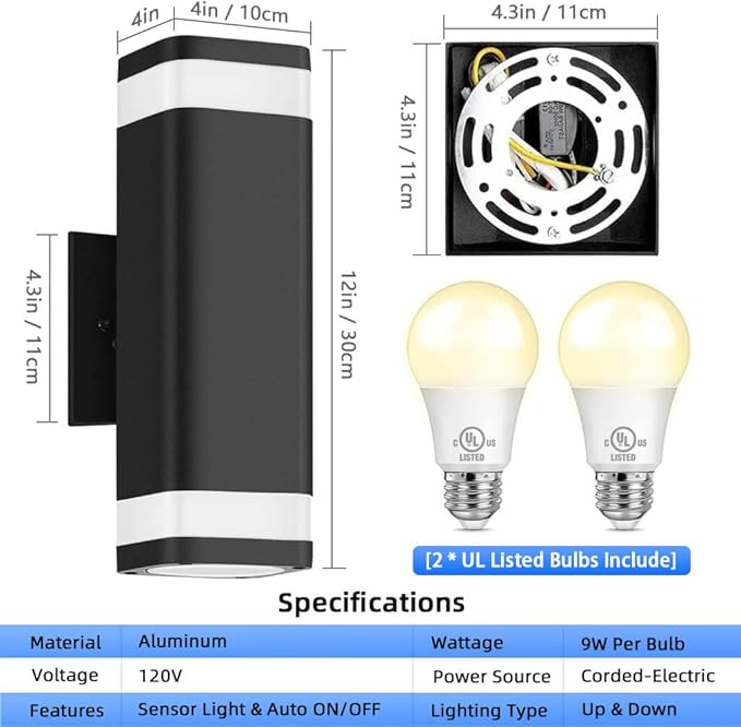RAYVO Dusk to Dawn Outdoor Wall Light Modern Up and Down Outdoor Light Fixture with Sensor Waterproof Aluminum Wall Sconce for Porch Garage Patio LED Bulbs Included Black Finish