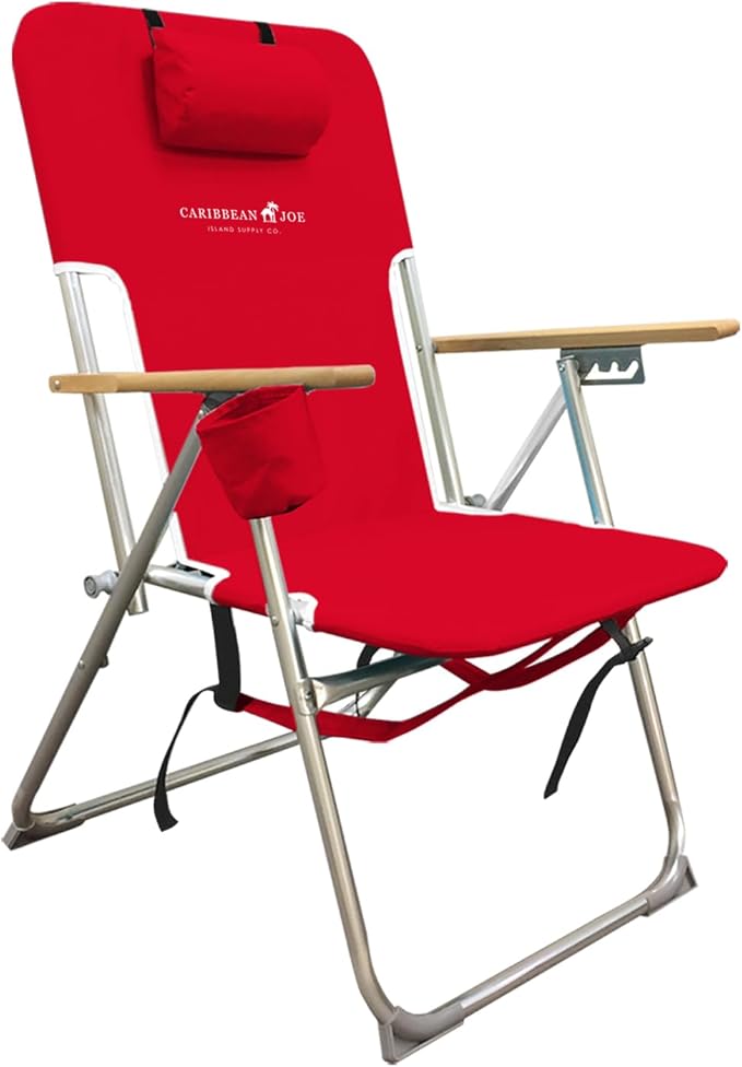 CARIBBEAN JOE Folding Beach Chair 4 Position Portable Backpack Foldable Camping Chair with Headrest Cup Holder and Wooden Armrests