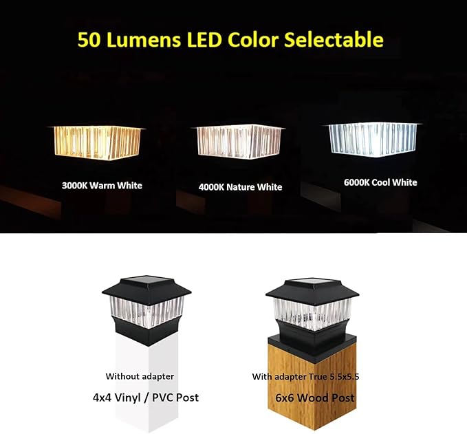 4-Pack Solar Post Cap Lights Outdoor 50 Lumen 3-Color Adjustable (3000K/4000K/6000K) Waterproof LED Lights for 4x4 &amp 5.5x5.5 Posts Black Matte Finish No Wiring Needed - Auto On/Off