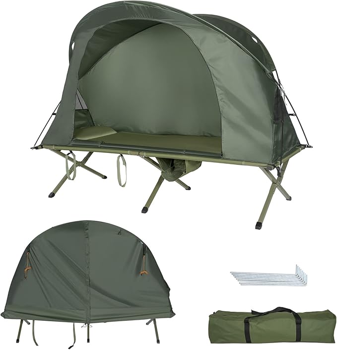 Tangkula 4-in-1 Camping Cot Tent Set Foldable Off Ground Elevated Tent for 1 Person Portable with Waterproof External Cover Air Mattress &amp Carrying Bag Ideal for Outdoor Hiking Camping