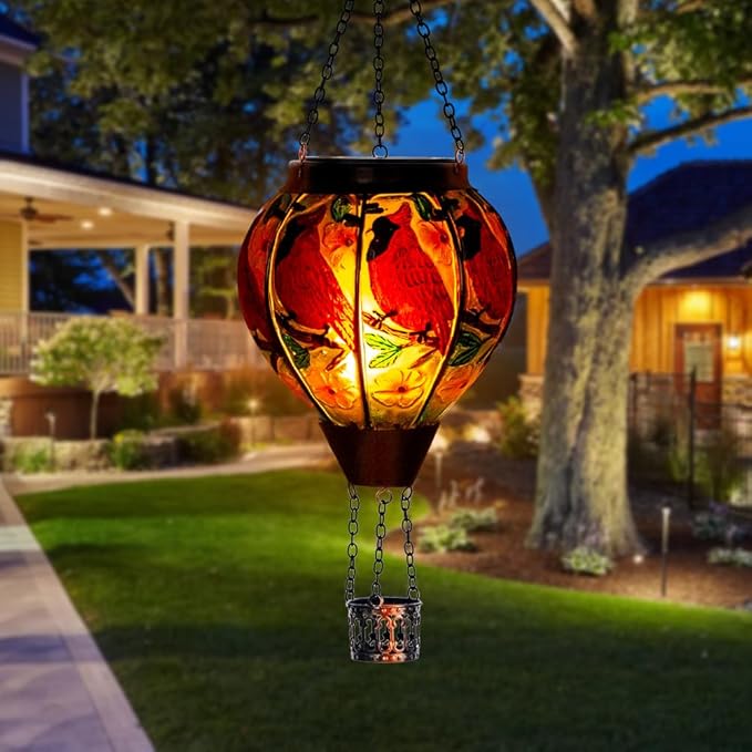 DREAMSOUL 2PCS Cardinal Hot Air Balloon Solar Lantern Hanging Glass Solar Lanterns Outdoor Waterproof for Yard Party Gift