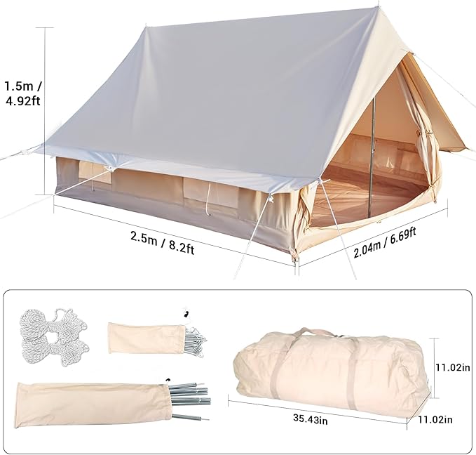 Canvas Cabin Bell Tent for 3-4 Person Waterproof Glamping Yurt Tent Breathable All Seasons Outdoor Camping Tent 6.69*8.2*4.92'