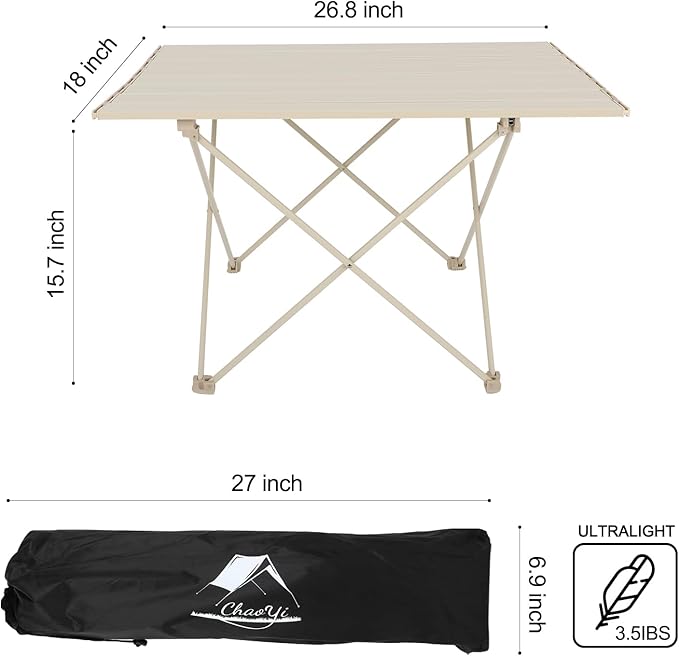 FAHKNS Portable Camping TableFolding Side Table Aluminum Top for Camping Hiking Backpacking Outdoor Picnic（27 D x 18 W x 16 HOff White）