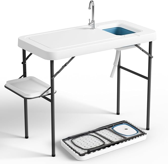 Fish Cleaning Table with Deep Sink &amp Extra Shelf Heavy-Duty HDPE Waterproof &amp UV-Resistant Portable Outdoor Sink with Hose Hookup Ideal for Camping Picnic &amp Backyard