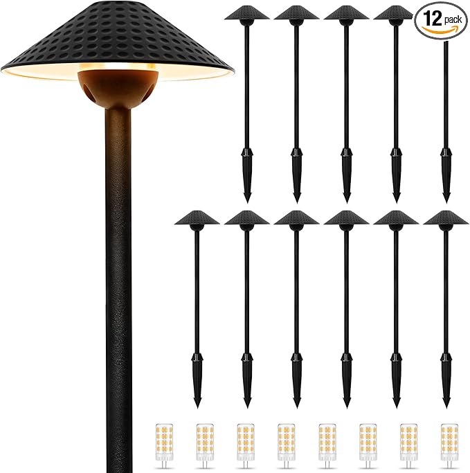 Gardencoin Low Voltage Pathway Lights (6.69'' Shade 21.54'' Tall) 12V Outdoor LED Landscape Pathway Lighting Aluminum Vintage Hammered Path Lights with 4W 2700K Replaceable Bulb 12 Pack