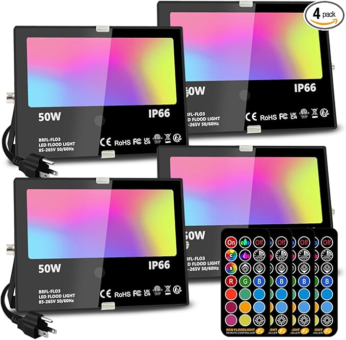 Led Flood Light Outdoor 50W RGB Color Changing Landscape Lighting with Remote Timing - 12 Colors - 4 Modes IP66 Waterproof US 3-Plug MELPO (Pack of 4)