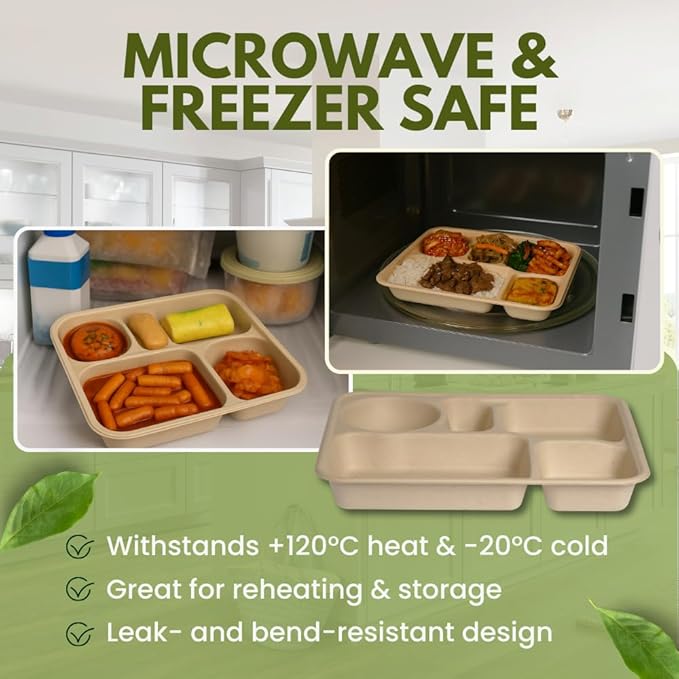 Dtocs 5 Compartment Plates Disposable (40 Pcs.) 9 Inch | Bamboo Fiber Heavy Duty Divided Plates | Sectional Trays for Cafeteria Lunch Buffet Camping | Sturdy Microwavable Divided Bamboo Plate Set