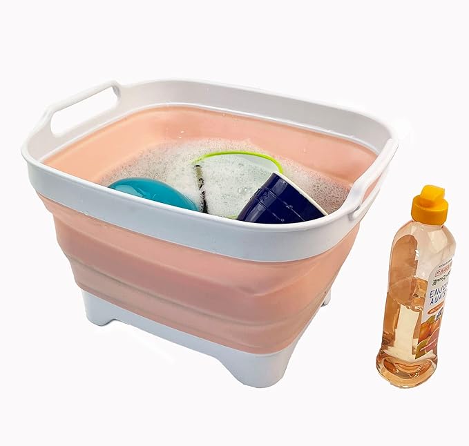 SAMMART 7.5L (2 Gallons) Collapsible Dishpan with Draining Plug - Foldable Washing Basin - Portable Dish Washing Tub - Space Saving y (Grey + Pearl Blush 2)