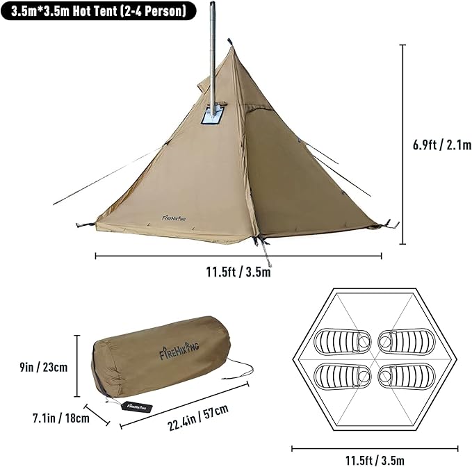 FIREHIKING Camping Hot Tent 2-4 Person Teepee Tent with Stove Jack for Backpacking Hunting 11'6 x 6'11 | with Stove Jack for Backpacking Hunting