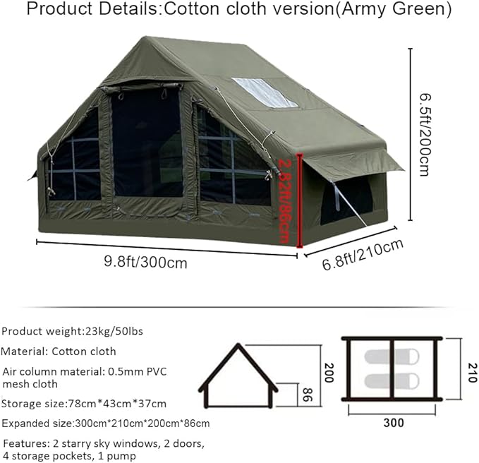 Large Luxury Inflatable Camping Tent Cotton Canvas Tent Breathable and Waterproof Air Tent with Skylight and Stove Jack Hole for for 4-6-8-10 Person Family Camping