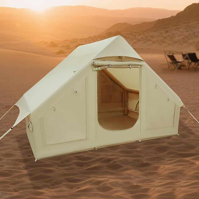 DYRABREST 4 Person Inflatable Camping Tent Instant Setup Portable Outdoor Tents with Pump Waterproof Windproof for Family Camping Beach Backyard (Khaki)