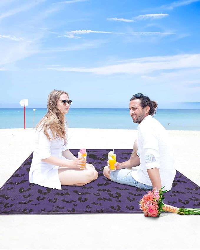Beach Blanket Waterproof Sandproof Scary Halloween Bat Ombre Quick Drying Beach Mat with 4 Stakes Black and Purple Lightweight Picnic Blanket for Travel Camping Outdoor 108x84
