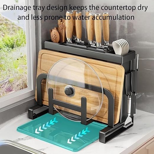 Kitchen Knife Block Organizer with Drip Tray | Ventilated Countertop Storage for Knives Cutting Boards &amp Pot Lids | Space Saving Keeps Dry(GrayB)