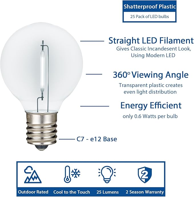 Novelty Lights 25 Pack Pure White G40 LED Filament String Light Bulbs E12/C7 Candelabra Base 5 Watt Equivalent Shatterproof Replacement Bulbs for Patios Canopy Lighting