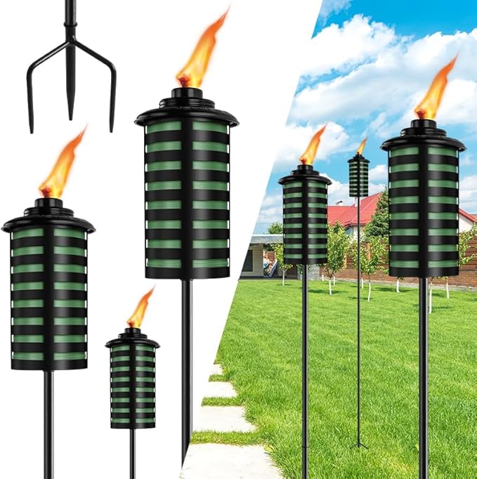 6 Pack Home Garden Torch 16 Oz Outdoor Green Metal Torch Garden Décor59-Inch Upgraded Citronella Torches with 3-Prong Grounded Stake Metal Light Torches for Party Patio Pathway