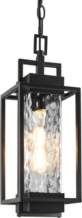 BesLowe 15” Outdoor Pendant Light with LED Bulb Modern Hanging Lantern Light for Outside with Water Ripple Glass Black Exterior Pendant Lighting Fixture Outdoor Chandelier for Front Porch Gazebo