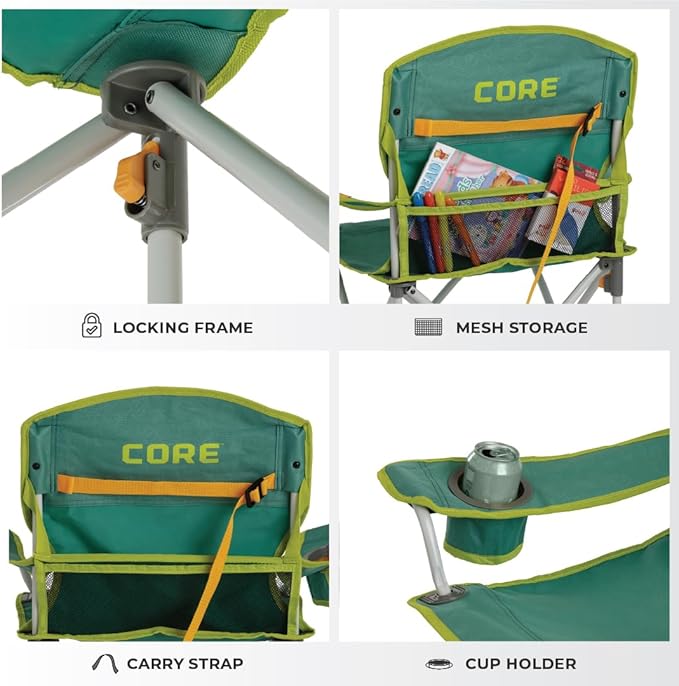 CORE Youth Quad Chair | Folding Chair with Cupholder for Indoor Home or Outdoor Camping | Perfect for Concert Seat Sports Beach Travel &amp Picnic (Green)