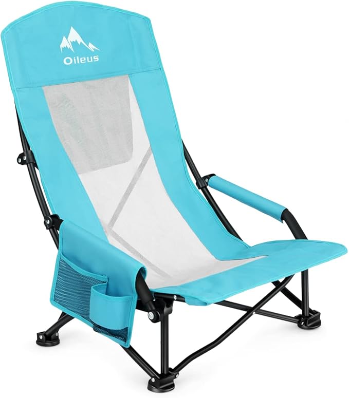Oileus Folding Portable Beach Chair Lightweight High Back Low Seat for Tent &amp Shelter &amp Camping Full Mesh Back Cup Holder Storage/Carry Bag Armrest - 1 Pcs