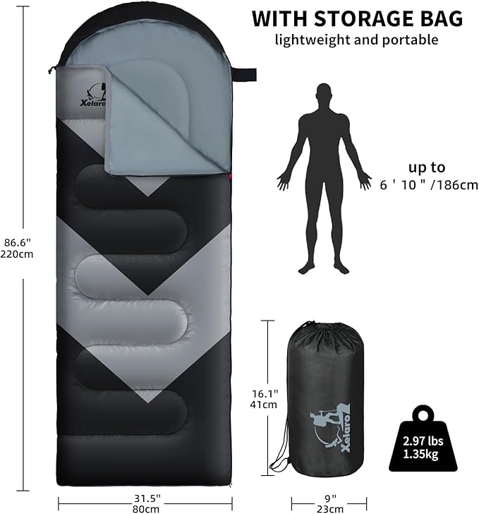 Sleeping Bag for Adults Girls Boys - 3 Season Warm &amp Cool Weather Lightweight Waterproof Camping Bag for Hiking Outdoor Travel