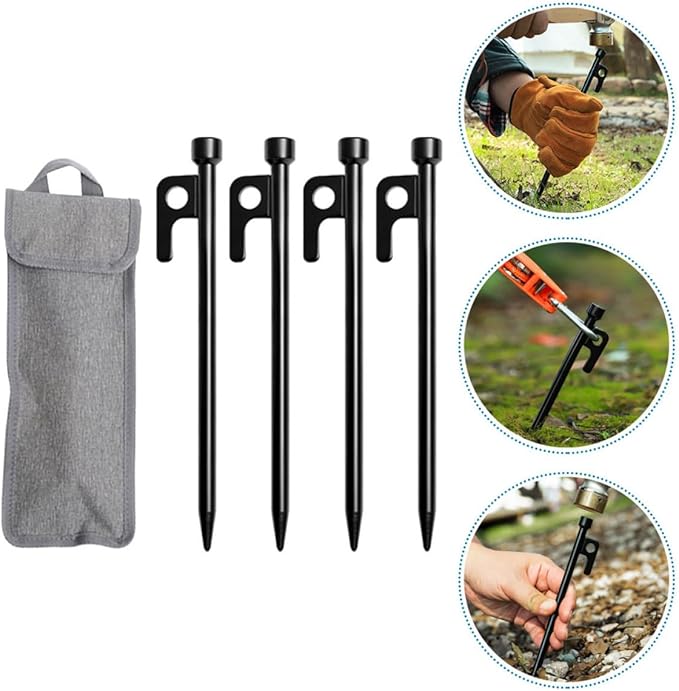 Camping Tent Stakes Steel Sand Pegs Set with 4 Heavy-Duty 25cm Metal Ground Stakes and Carry Bag for Outdoor Camping Beach and Wind-Resistant Tent Fixing Equipment
