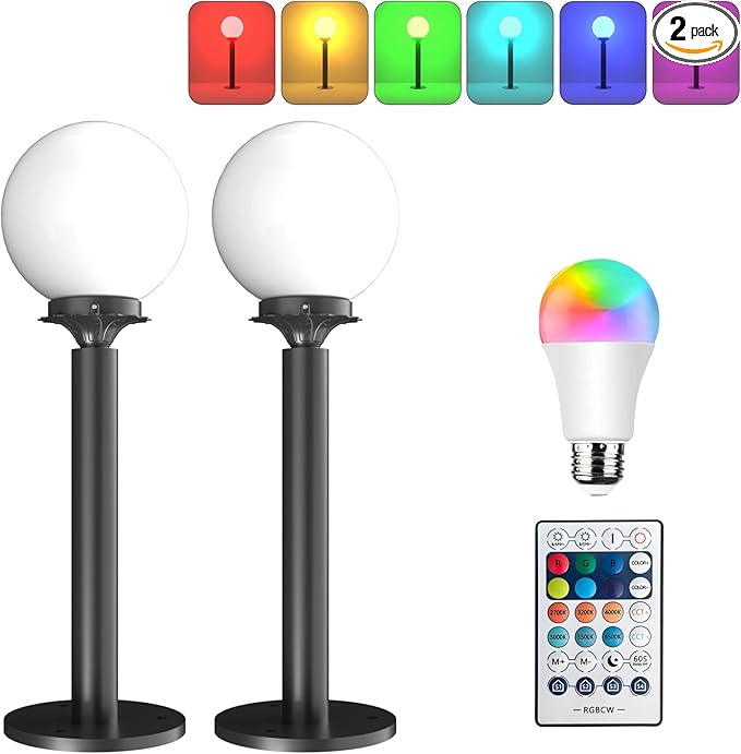 Lightdot 23'' Globe Outdoor Lamp Post Light RGBW IP65 Waterproof Yard Lamp Post for Outside Black Post Light Fixtures for Garden Patio Driveway(Bulb Included)-2Pack