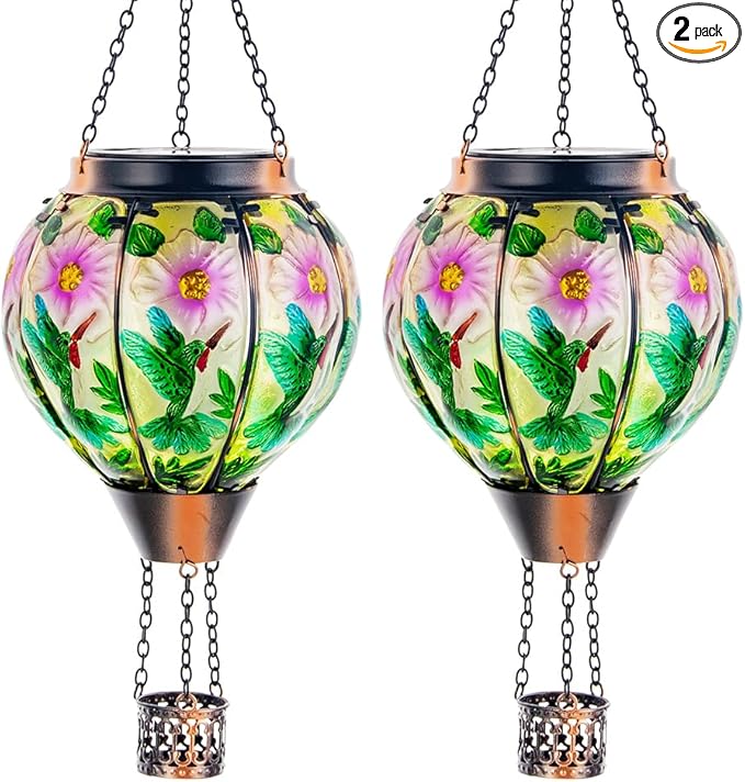 DREAMSOUL 2PCS Hummingbird Hot Air Balloon Solar Lantern Hanging Glass Solar Lanterns Outdoor Waterproof for Garden Tree