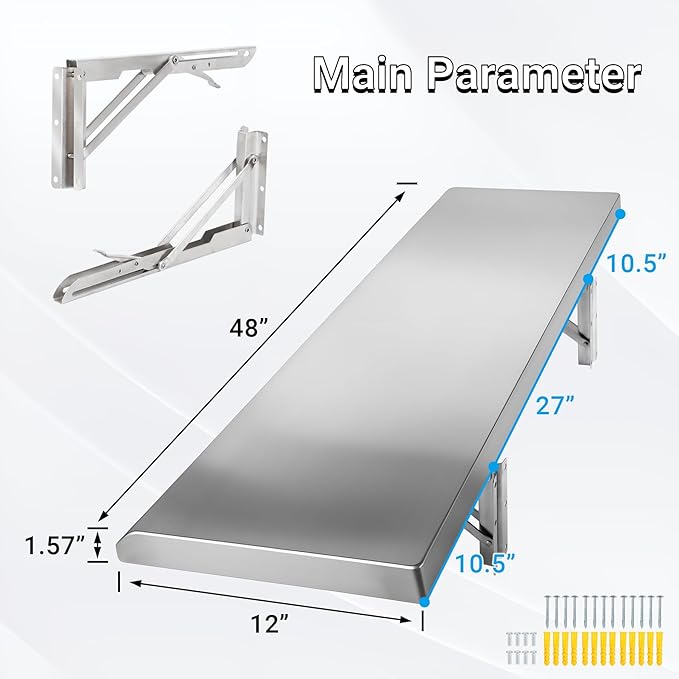 Folding Concession Shelf 48 x 12 Stainless Steel Drop Down Folding Serving Food Serving Stand for Concession Windows