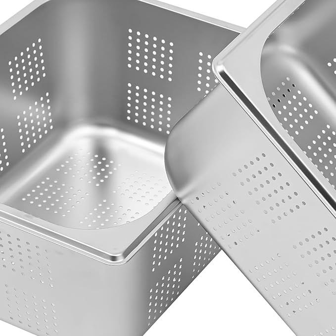 2-Pack Stainless Steel Hotel Pans 1/2 Size 6 Deep Anti-Jam Perforated Steam Table Pan Washing Up Bowl Set Food Grade Dishpan for Drain Water Wash Fruits/Vegetables