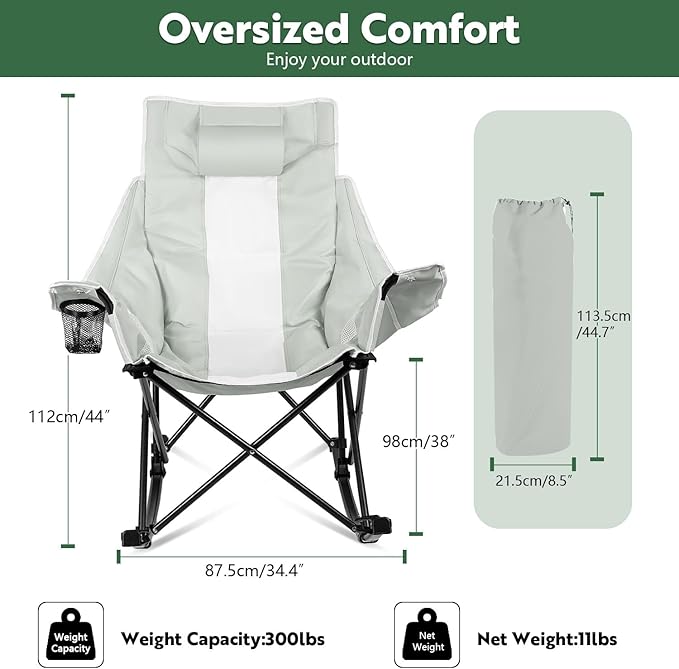 VITESSE Oversized Rocking Camping Chair Luxury Padded ReclinerOversized Folding Lawn Chair with Pocket and Carry BagOutdoor Camp Rocker Chairs for Adults Heavy Duty 300 LBS (Grey)