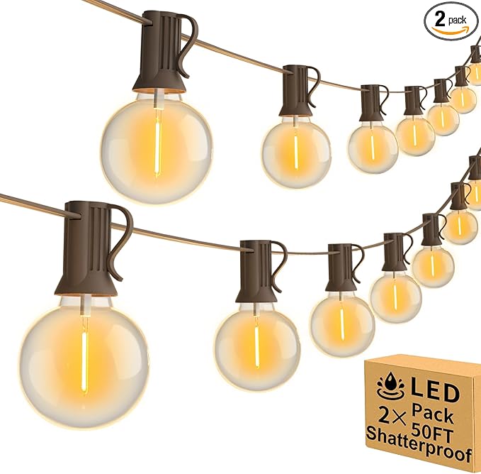 100ft 2-Pack Outdoor String LightsDimmable G40 LED String Lights with 52 Shatterproof Clear Bulbs UL Approval Waterproof Globe 1W 2700K Outdoor Lighting for Backyard Porch Cafe Party Wedding Garden